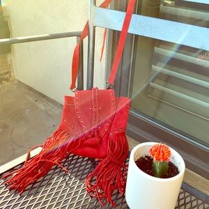 Red suede satchel